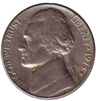 Монета 5 центов. 1975 год (D), США. Джефферсон. Монтичелло. Монета 5 центов. 1975 год (D), США. Джефферсон. Монтичелло.