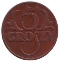 Монета 5 грошей. 1938 год, Польша. Монета 5 грошей. 1938 год, Польша.