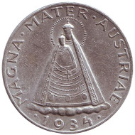 Монета 5 шиллингов. 1934 год, Австрия. Великая Мать Австрии. Мадонна Марицелльская. Монета 5 шиллингов. 1934 год, Австрия. Великая Мать Австрии. Мадонна Марицелльская.