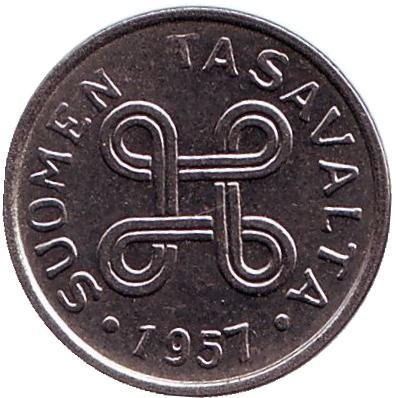 Монета 1 марка. 1957 год, Финляндия.