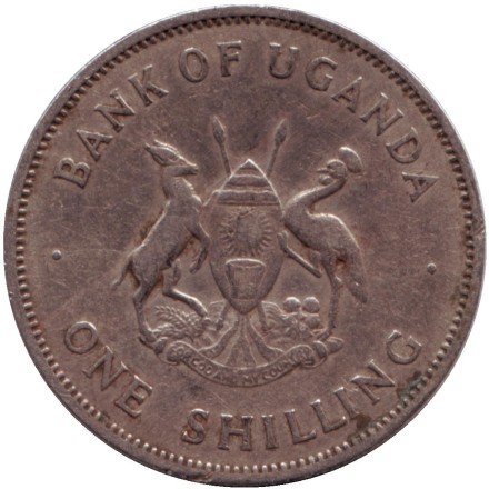 Монета 1 шиллинг. 1966 год, Уганда. Райский журавль. (Африканская красавка).