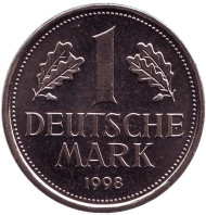 Монета 1 марка. 1998 год (F), ФРГ. Монета 1 марка. 1998 год (F), ФРГ.