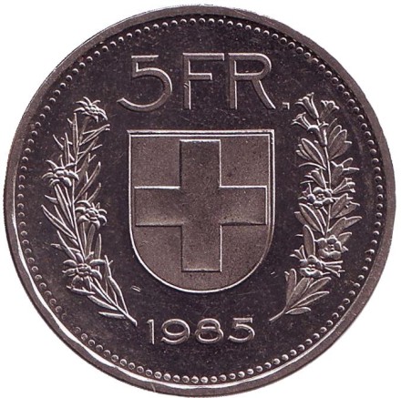 Монета 5 франков. 1985 год, Швейцария. Вильгельм Телль. Монета 5 франков. 1985 год, Швейцария. Вильгельм Телль.