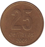 Монета 25 сентаво. 2009 год, Аргентина. (Закругленный хвостик у "9") Ратуша Буэнос-Айреса. Монета 25 сентаво. 2009 год, Аргентина. (Закругленный хвостик у "9") Ратуша Буэнос-Айреса.