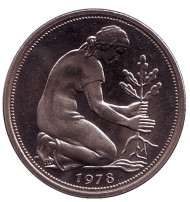 Монета 50 пфеннигов. 1978 год (G), ФРГ. Женщина, сажающая дуб. Монета 50 пфеннигов. 1978 год (G), ФРГ. Женщина, сажающая дуб.