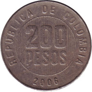 Монета 200 песо. 2006 год, Колумбия. Монета 200 песо. 2006 год, Колумбия.