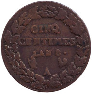 Монета 5 сантимов. 1790-е гг., Франция. Монета 5 сантимов. 1790-е гг., Франция.