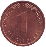 Монета 1 пфенниг. 1991 год (A), ФРГ. Дубовые листья. Монета 1 пфенниг. 1991 год (A), ФРГ. Дубовые листья.