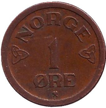 Монета 1 эре. 1956 год, Норвегия.