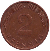 Монета 2 пфеннига. 1972 год (G), ФРГ. Дубовые листья. Монета 2 пфеннига. 1972 год (G), ФРГ. Дубовые листья.