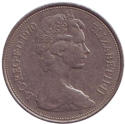 Монета 10 пенсов. 1970 год, Великобритания. Лев.