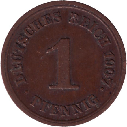 Монета 1 пфенниг. 1907 год (Е), Германская империя.