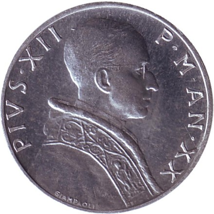 Монета 5 лир. 1958 год, Ватикан. Богиня правосудия. Монета 5 лир. 1958 год, Ватикан. Богиня правосудия.