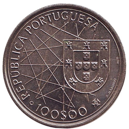 Монета 100 эскудо. 1989 год, Португалия. Открытие Азорских островов.