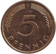Монета 5 пфеннигов. 1991 год (G), ФРГ. Дубовые листья. Монета 5 пфеннигов. 1991 год (G), ФРГ. Дубовые листья.