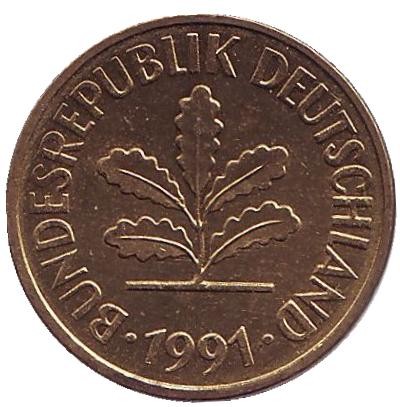 Монета 5 пфеннигов. 1991 год (G), ФРГ. Дубовые листья.