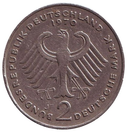 Монета 2 марки. 1970 год (J), ФРГ. Теодор Хойс. Монета 2 марки. 1970 год (J), ФРГ. Теодор Хойс.