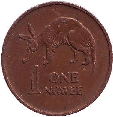 Монета 1 нгве. 1968 год, Замбия. Трубкозуб. (Аардварк).