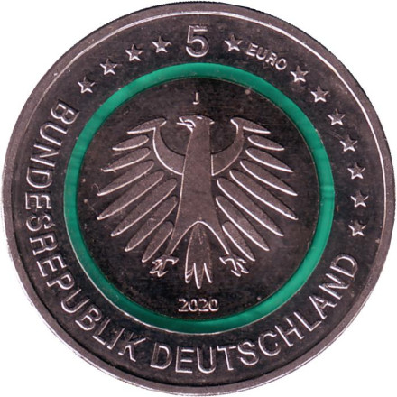 Монета 5 евро. 2020 год (J), Германия. Субполярная зона. Монета 5 евро. 2020 год (J), Германия. Субполярная зона.