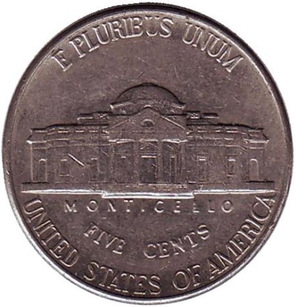 Монета 5 центов. 1997 год (D), США. Джефферсон. Монтичелло. Монета 5 центов. 1997 год (D), США. Джефферсон. Монтичелло.