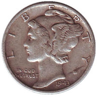 Меркурий. Монета 10 центов. 1943 год, США. Монетный двор S.