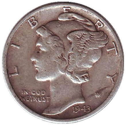Монета 10 центов. 1943 год, США. Монетный двор S. Меркурий.