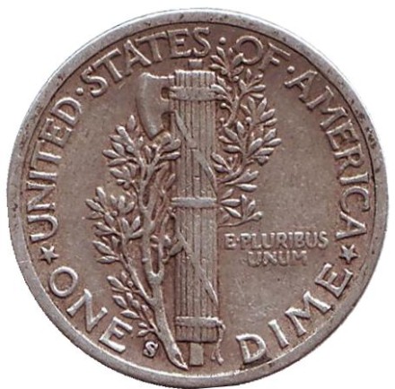 Монета 10 центов. 1943 год, США. Монетный двор S. Меркурий. Монета 10 центов. 1943 год, США. Монетный двор S. Меркурий.