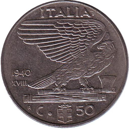Монета 50 чентезимо. 1940 год, Италия. (Магнитные) Виктор Эммануил III.