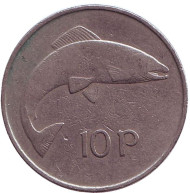 Монета 10 пенсов. 1973 год, Ирландия. Лосось. Монета 10 пенсов. 1973 год, Ирландия. Лосось.