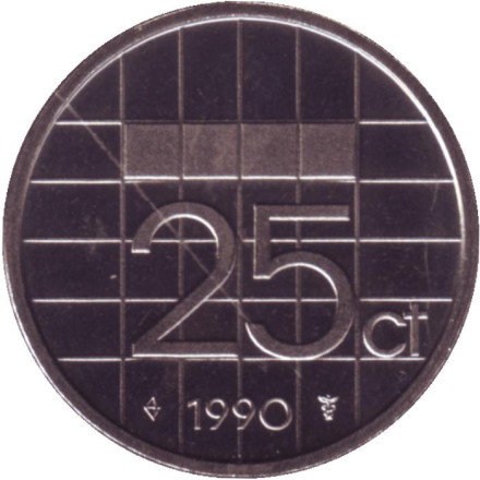 Монета 25 центов. 1990 год, Нидерланды. BU.