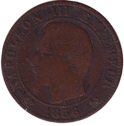 Монета 5 сантимов. 1856 год (B), Франция. Наполеон III.