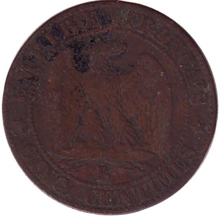 Монета 5 сантимов. 1856 год (B), Франция. Наполеон III.