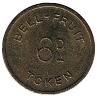 Игровой жетон "6D / TOKEN. Bell Fruit. 2 1/2 new pence". (Токен), Великобритания. Игровой жетон "6D / TOKEN. Bell Fruit. 2 1/2 new pence". (Токен), Великобритания.