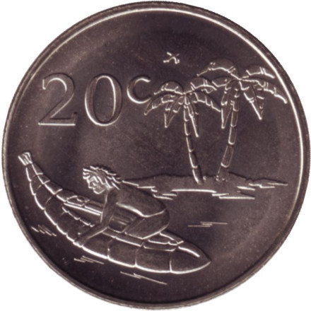 Монета 20 центов. 2017 год, Токелау. Туземец в каноэ.