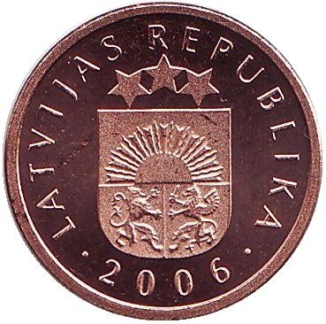 Монета 2 сантима. 2006 год, Латвия. UNC.