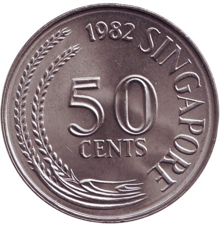 Монета 50 центов. 1982 год, Сингапур. UNC. Рыба-лев. Монета 50 центов. 1982 год, Сингапур. UNC. Рыба-лев.