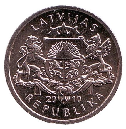 Монета 1 лат, 2010 год, Латвия. Подкова (вниз). Монета 1 лат, 2010 год, Латвия. Подкова (вниз).