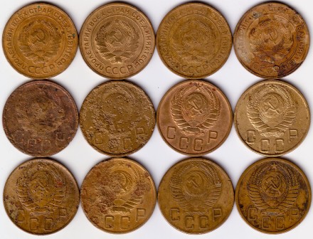 Подборка монет номиналом 5 копеек (12 монет). 1928-1955 гг., СССР. Подборка монет номиналом 5 копеек (12 монет). 1928-1955 гг., СССР.
