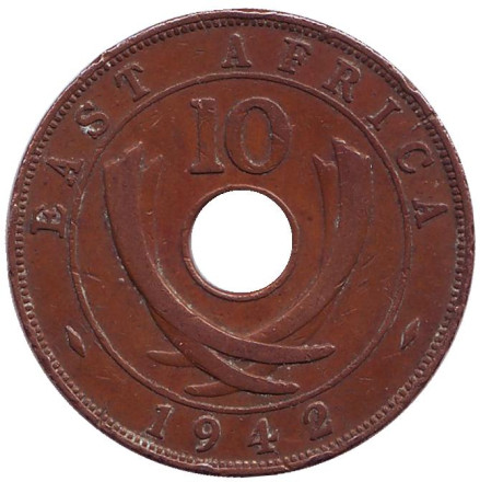 Монета 10 центов, 1942 год, Восточная Африка. Без отметки монетного двора.