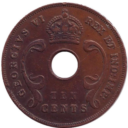 Монета 10 центов. 1942 год, Восточная Африка. Без отметки монетного двора.