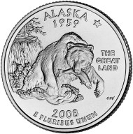 Монета 25 центов (P). 2008 год, США. Аляска. Штат № 49. Монета 25 центов (P). 2008 год, США. Аляска. Штат № 49.