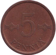Монета 5 пенни. 1964 год, Финляндия. Монета 5 пенни. 1964 год, Финляндия.
