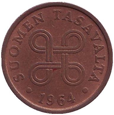 Монета 5 пенни. 1964 год, Финляндия. Монета 5 пенни. 1964 год, Финляндия.