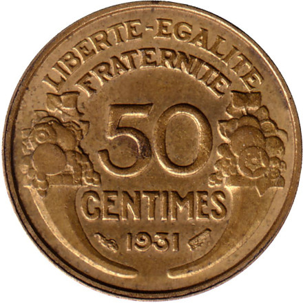 Монета 50 сантимов. 1931 год, Франция. Тип 3.