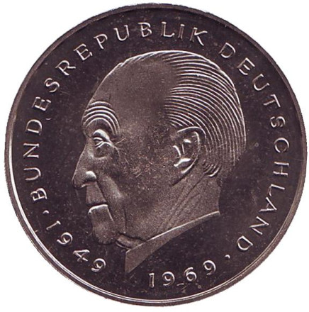 Монета 2 марки. 1978 год (J), ФРГ. UNC. Конрад Аденауэр.