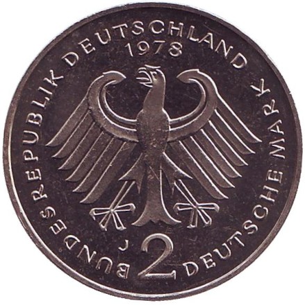 Монета 2 марки. 1978 год (J), ФРГ. Конрад Аденауэр. Монета 2 марки. 1978 год (J), ФРГ. Конрад Аденауэр.