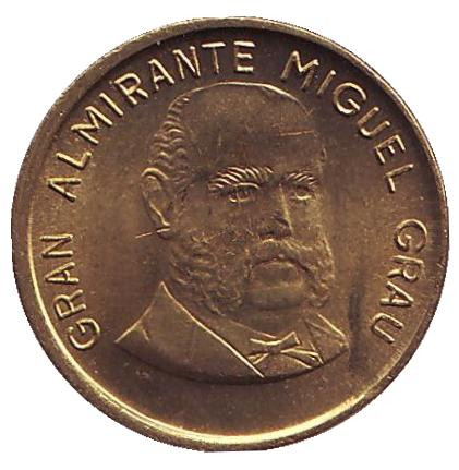 Монета 10 сентимов. 1986 год, Перу. aUNC. Мигель Грау.