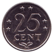 Монета 25 центов, 1980 год, Нидерландские Антильские острова. Монета 25 центов, 1980 год, Нидерландские Антильские острова.