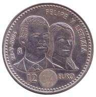 Монета 12 евро. 2004 год, Испания. Свадьба принца Фелипе и Летиции. Монета 12 евро. 2004 год, Испания. Свадьба принца Фелипе и Летиции.