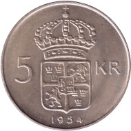 Монета 5 крон. 1954 год, Швеция. Монета 5 крон. 1954 год, Швеция.